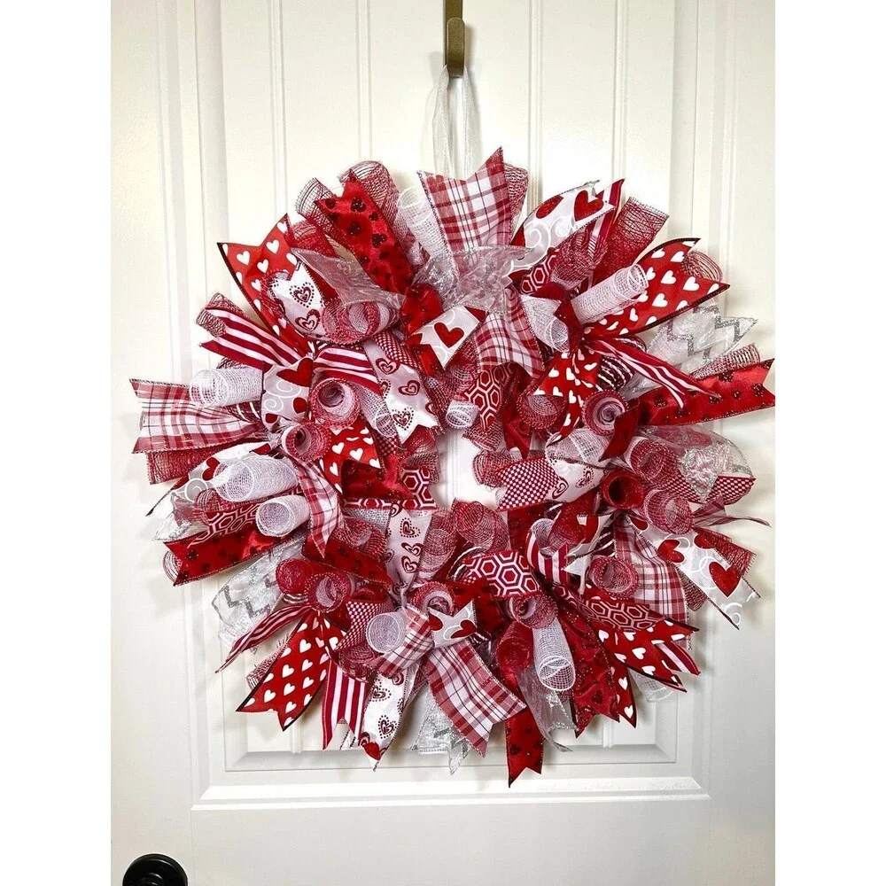 Handmade 22” Valentine’s Day Ribbon Mesh Wreath Hearts in Red & Pink w24